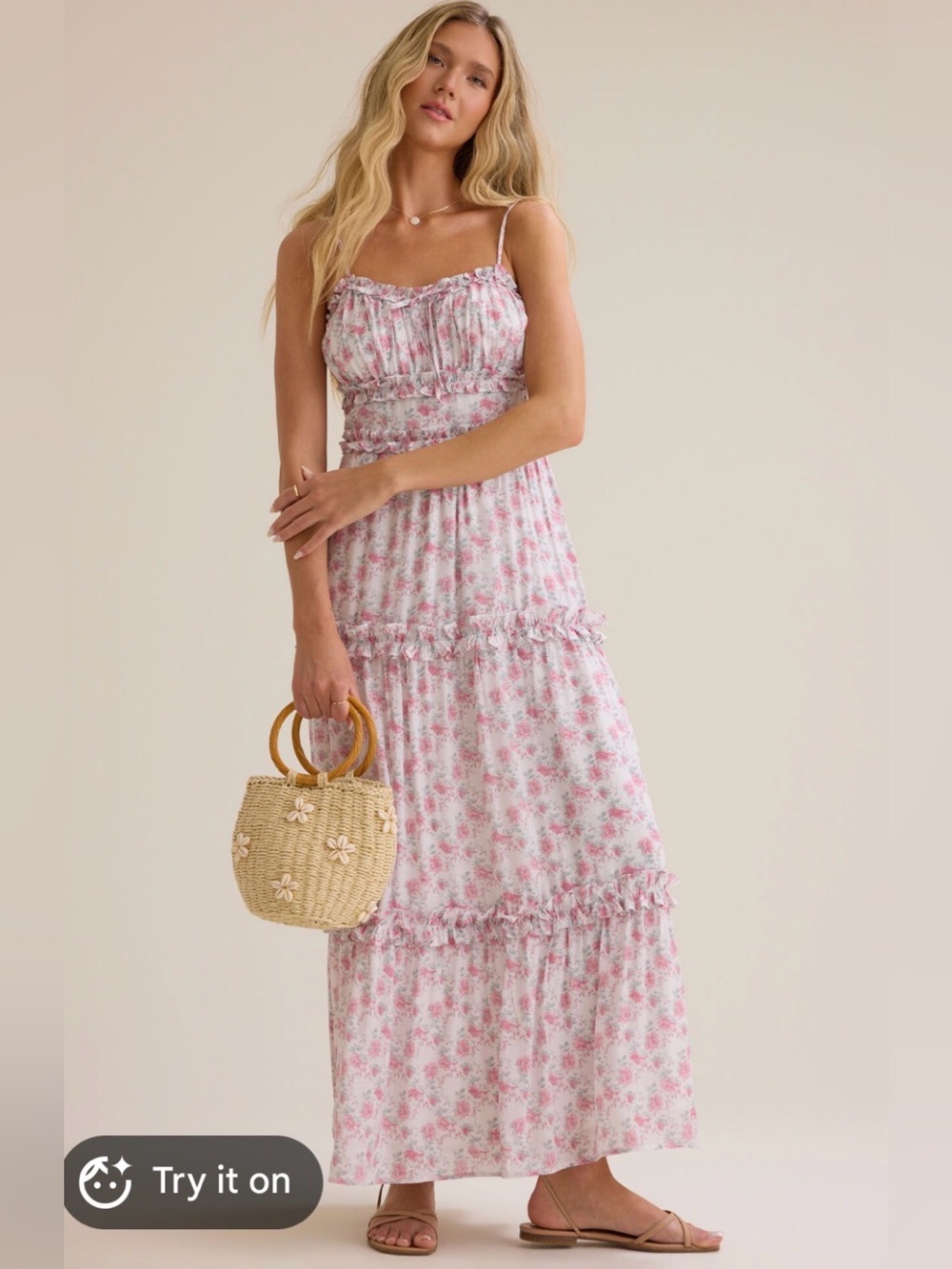 Pink Floral Tiered Maxi Dress with Spaghetti Straps